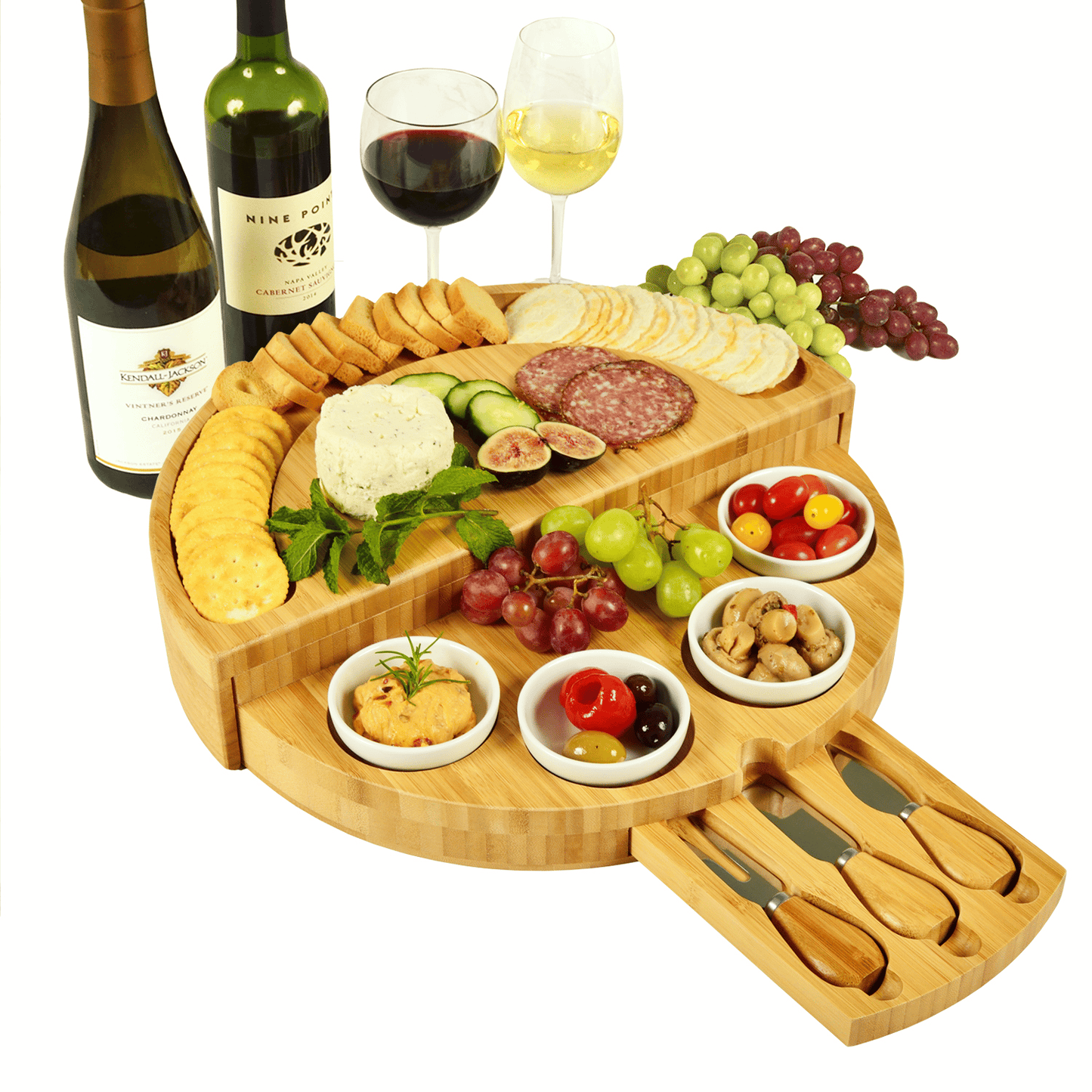 🧀2024 Bamboo Swivel Charcuterie Board🔥With 4 Integrated Ceramic Bowls And 3 Piece Knife Set