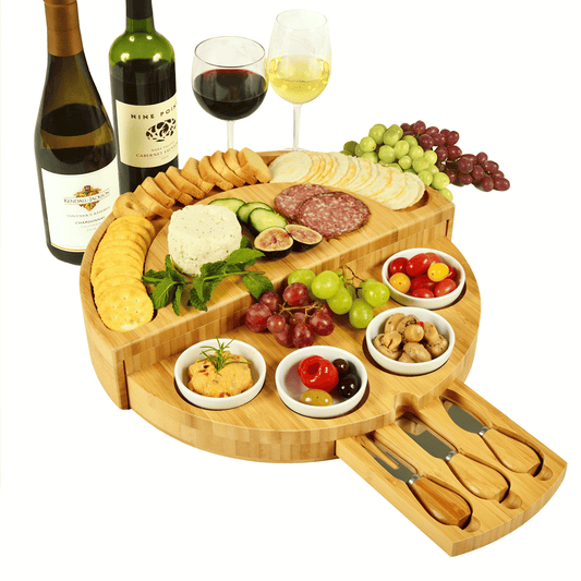 🧀2024 Bamboo Swivel Charcuterie Board🔥With 4 Integrated Ceramic Bowls And 3 Piece Knife Set