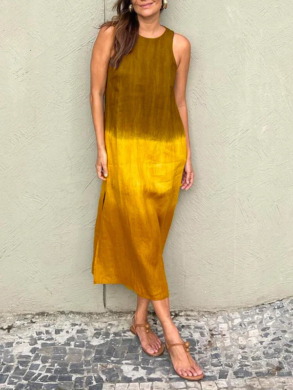 【Same Day Delivery】Women's casual cotton and linen sleeveless slit gradient tie-dye long dress