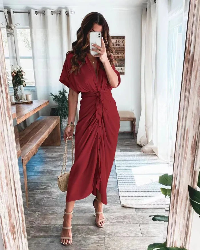 Satin Pleated Classy Bandage Shirt Dress