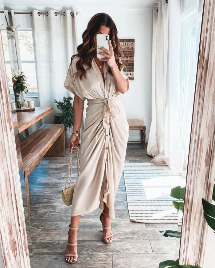 Satin Pleated Classy Bandage Shirt Dress