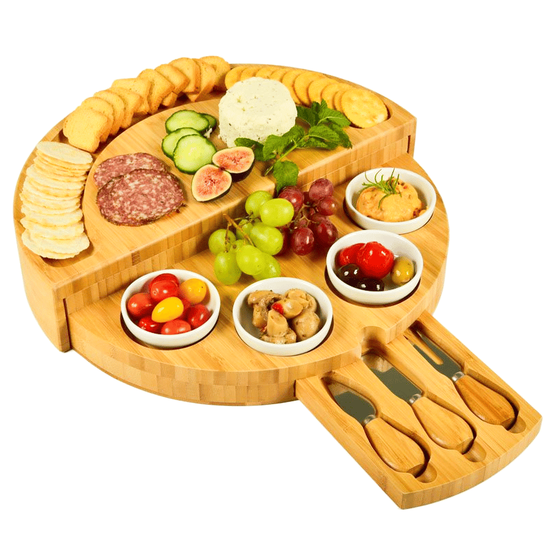 🧀2024 Bamboo Swivel Charcuterie Board🔥With 4 Integrated Ceramic Bowls And 3 Piece Knife Set