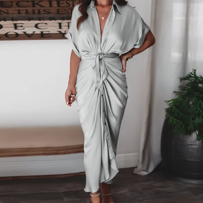 Satin Pleated Classy Bandage Shirt Dress