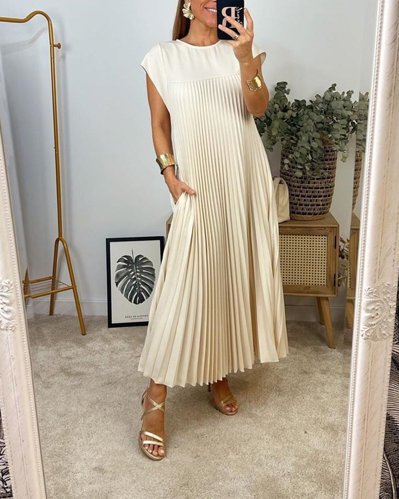 Women Pleated Simple Solid Color Dress