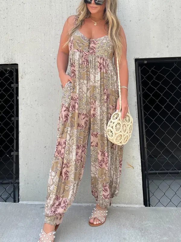 💥Patchwork Print Loose Jumpsuit