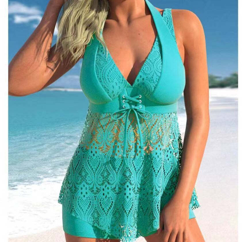 Women’s Tankini with Shorts Two Piece Swimsuit with Drawstring and Lace