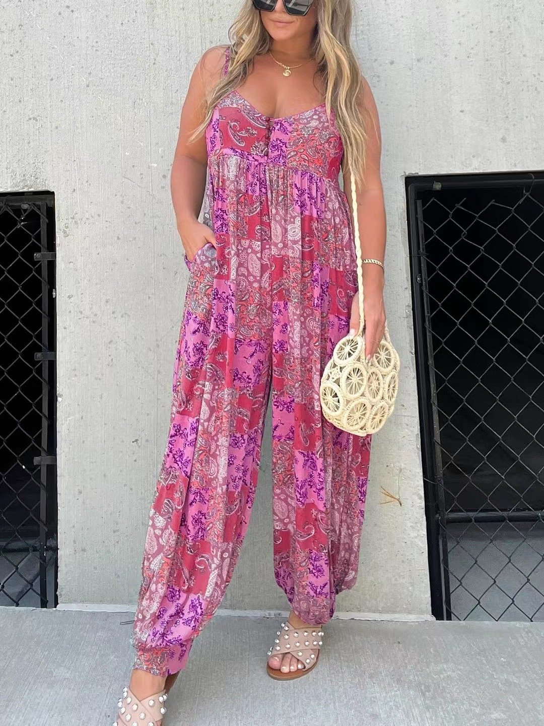 💥Patchwork Print Loose Jumpsuit