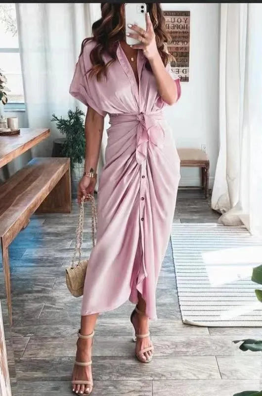 Satin Pleated Classy Bandage Shirt Dress