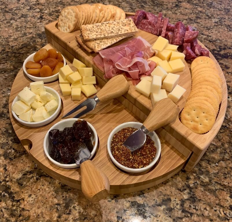 🧀2024 Bamboo Swivel Charcuterie Board🔥With 4 Integrated Ceramic Bowls And 3 Piece Knife Set