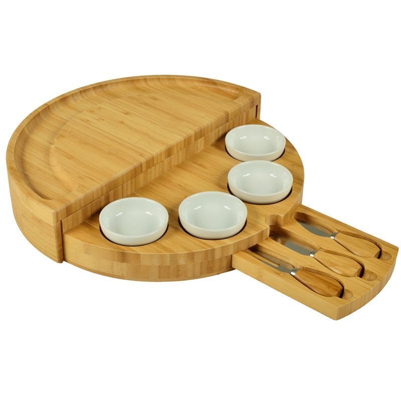 🧀2024 Bamboo Swivel Charcuterie Board🔥With 4 Integrated Ceramic Bowls And 3 Piece Knife Set