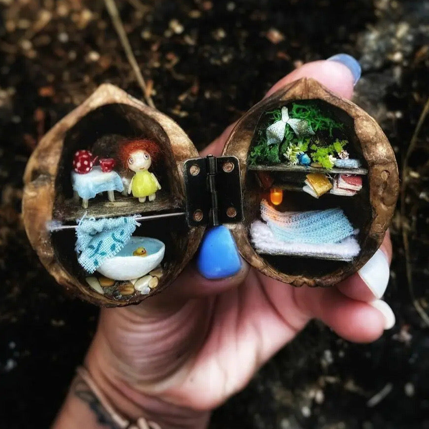 🌟NEW🌟HOT SALE🏠Handmade.Walnut Shell Doll House--mini library, tiny World inside walnuts