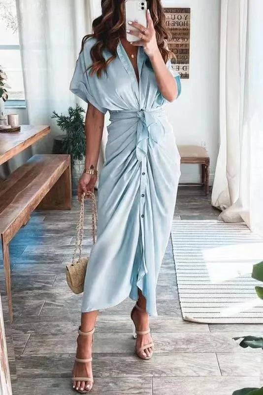 Satin Pleated Classy Bandage Shirt Dress