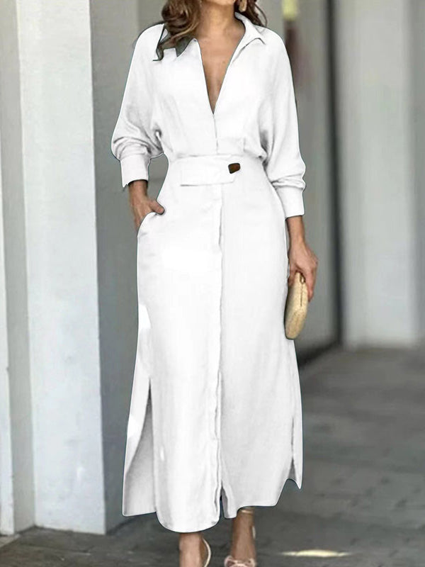 Fashion Cotton Linen Solid Color V-neck Dress