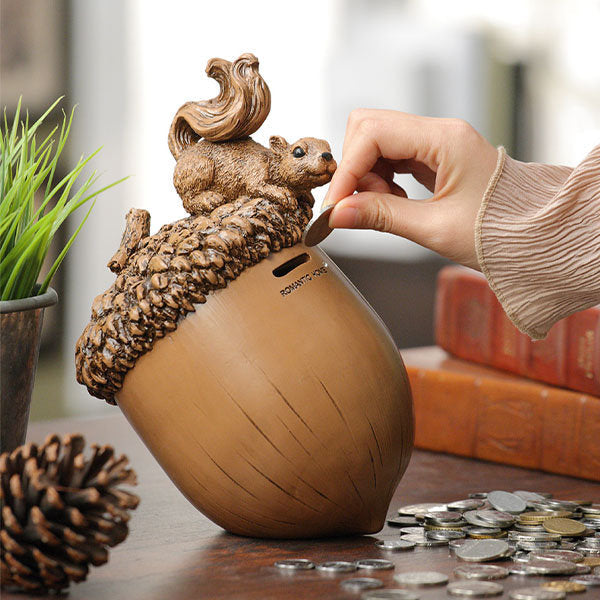 Squirrel Acorn Piggy Bank - Resin - Art and Utility - Save with Style, Cherish Every Coin