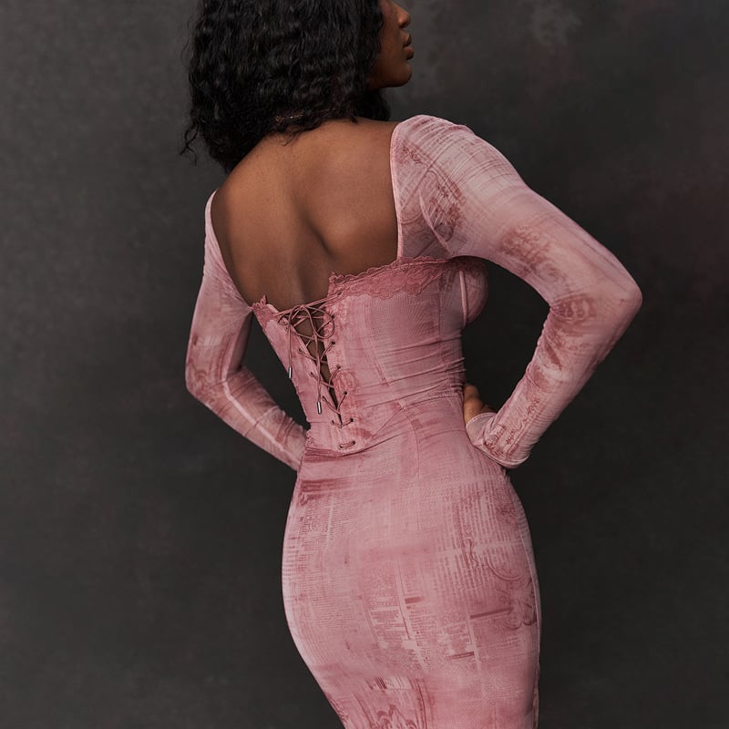 Pink Fitted Long-sleeve Dress