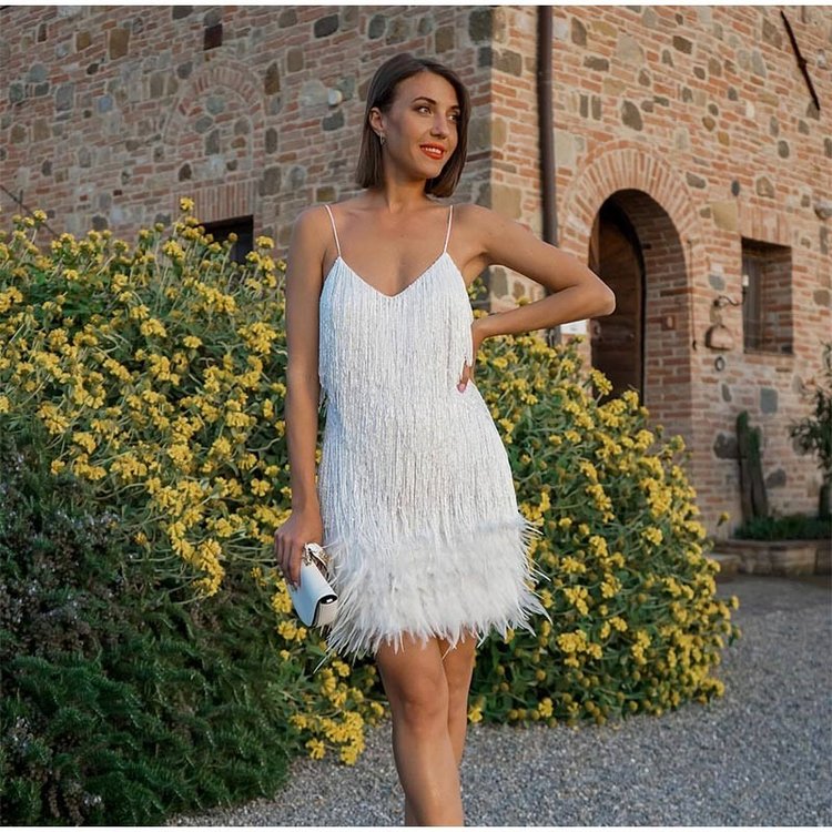 🔥BUY 1 FREE SHIPPING🔥 - Women's Feather Fringe Sequin Spaghetti Strap Dress