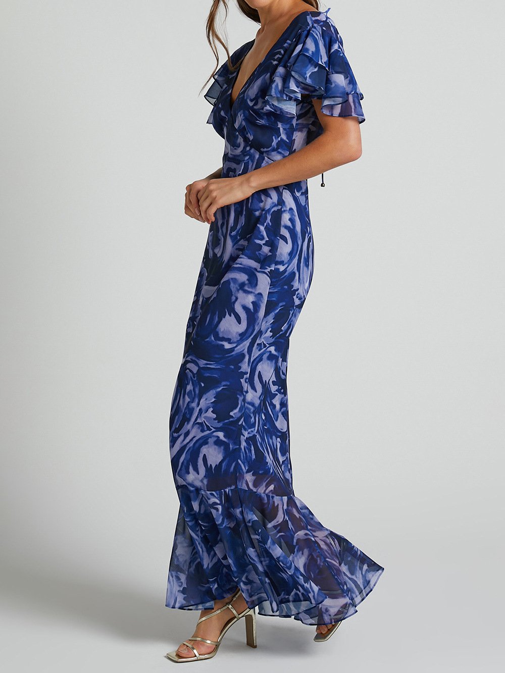 Navy Swirl V-Neck Flutter Sleeve Maxi Dress