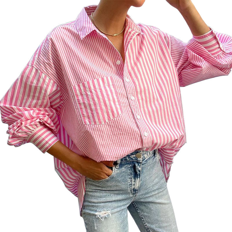 Collared Loose Long Sleeve Striped Shirt