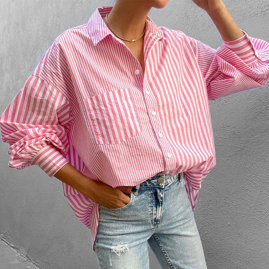 Collared Loose Long Sleeve Striped Shirt